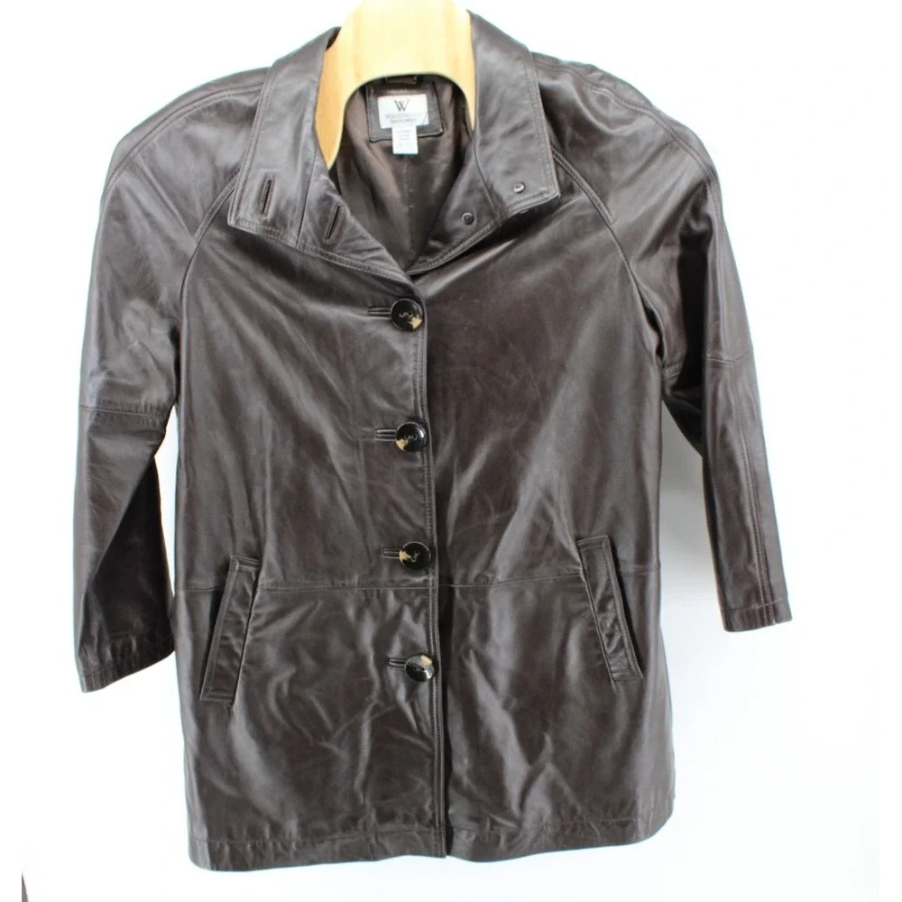 Worthington Brown Leather Jacket Womens‎ XL Button Up Lined Long Sleeve
